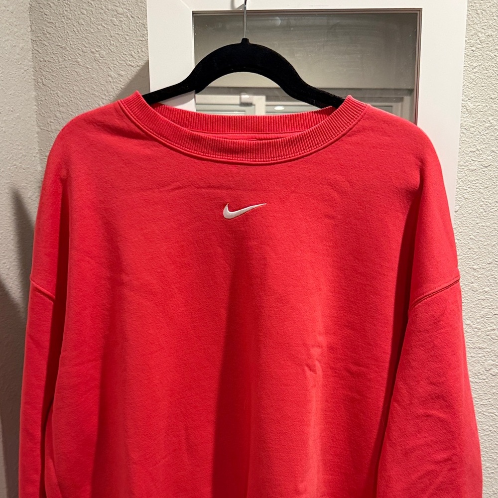 Nike Coral-Red Crewneck Sweatshirt with White Swoosh